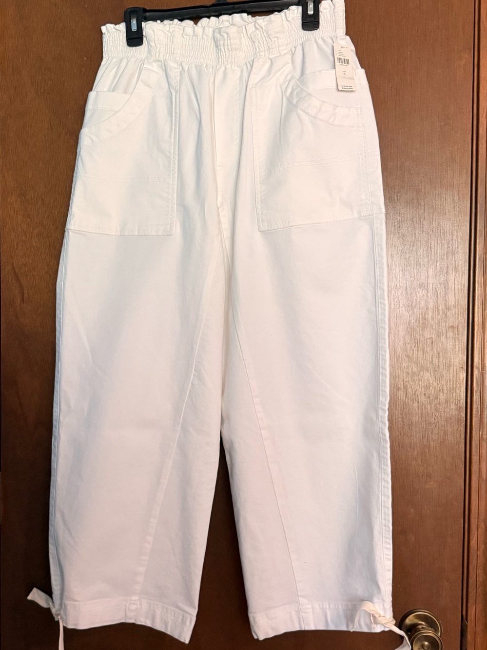 Cropped White Drawstring Waist Utility Pants